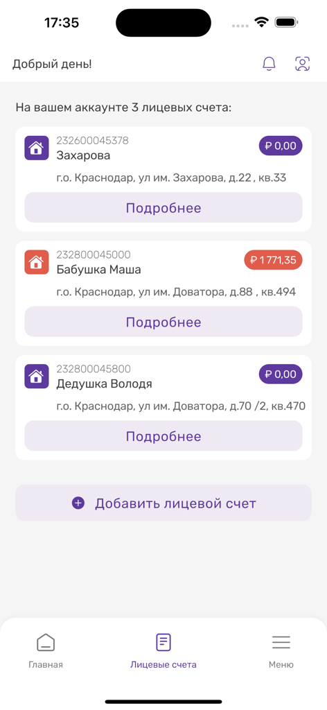 НЭСК - Interfaz de la aplicación NESK que muestra múltiples cuentas de servicios públicos personales con saldos y direcciones