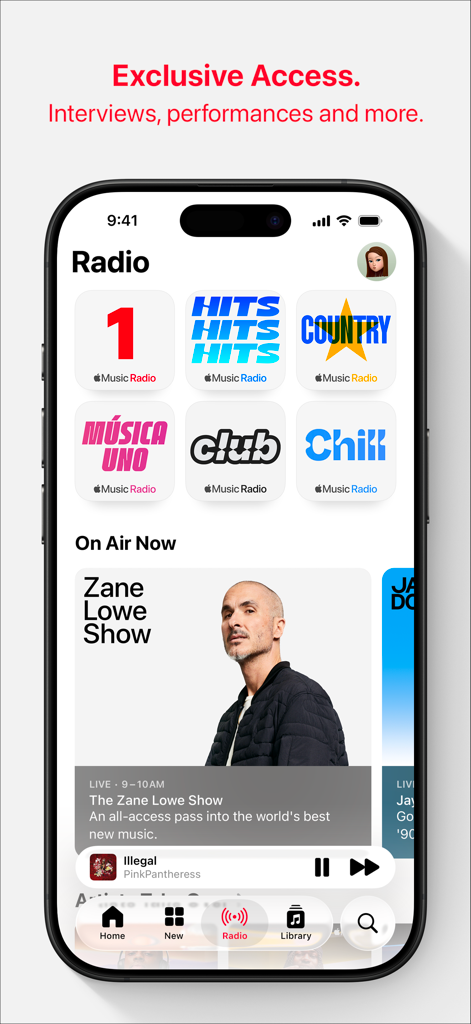 Apple Music - Apple Music app Radio tab showing live shows and exclusive global stations.