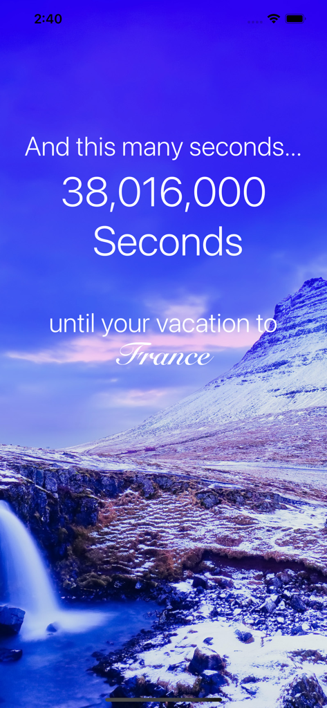 Urlaubs-Countdown, der die verbleibenden Sekunden bis zu einer Reise nach Frankreich mit einem malerischen Wasserfallhintergrund anzeigt.