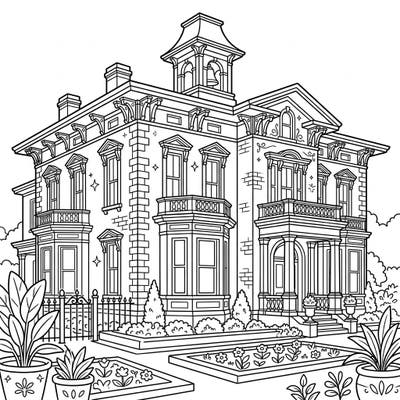 Immerse yourself in the beauty of 19th-century design with this intricate Italianate Mansion coloring page. Discover stately architecture, elegant details, and serene garden elements awaiting your artistic touch.