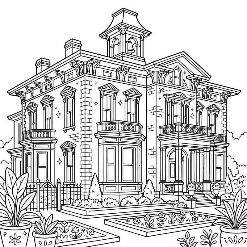 Immerse yourself in the beauty of 19th-century design with this intricate Italianate Mansion coloring page. Discover stately architecture, elegant details, and serene garden elements awaiting your artistic touch.