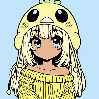 anime girl with chick shaped hat with sweater with bare shoulders with bangs covering them one eye with low tail
