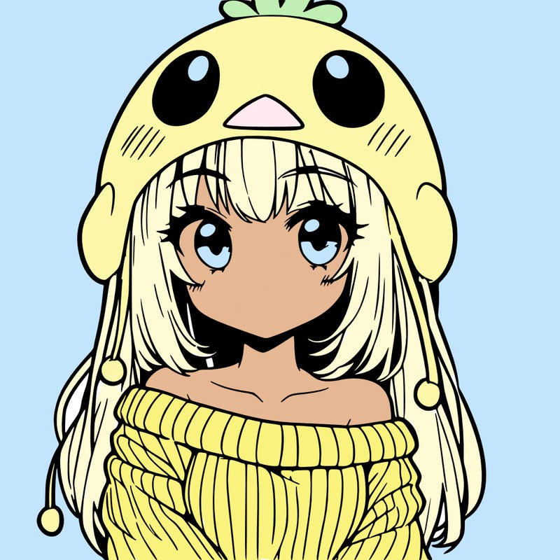 anime girl with chick shaped hat with sweater with bare shoulders with bangs covering them one eye with low tail