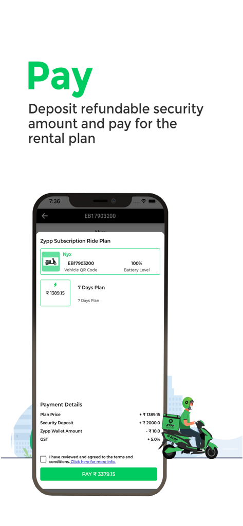 Zypp Electric app payment interface showing subscription ride plan details and deposit amount