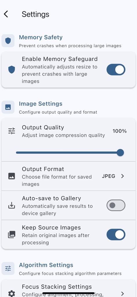 iFocus Stacking - iFocus Stackingアプリの設定メニュー。画質と処理アルゴリズムのプロフェッショナルな設定を表示しています