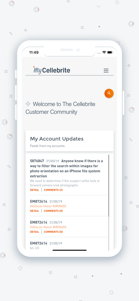 My Cellebrite Community app dashboard showing account updates and forensic case status feeds