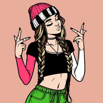realistic teenage girl with braids and a beanie and crop top doing 🫶🏼