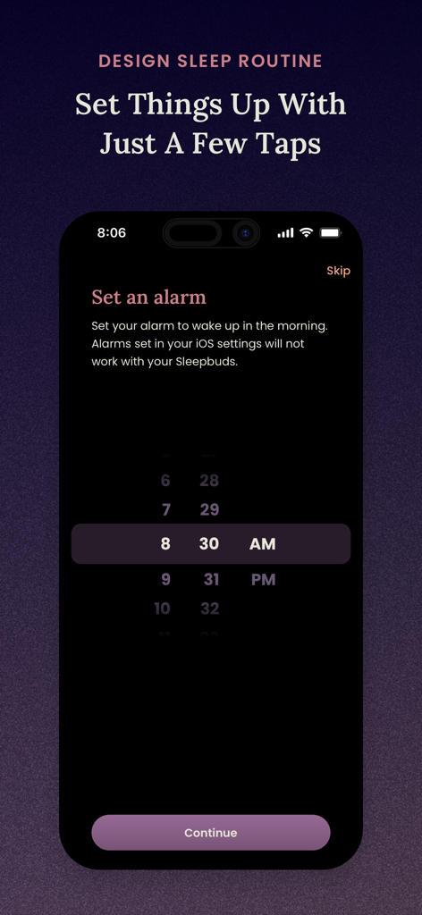 Ozlo Sleepbuds App-Bildschirm, der die Benutzeroberfläche für die persönliche In-Ear-Alarm-Einrichtung mit einer Zeitauswahl anzeigt.