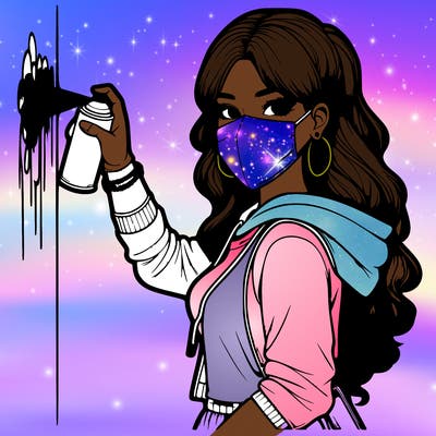 realistic girl with mask spray painting a wall