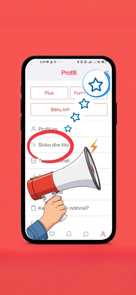 Profile screen of the Dashuroj Albanian dating app featuring rewards and influencer options.