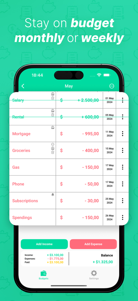 YBB Budgeting app screen showing a detailed list of monthly income and expenses including mortgage and groceries