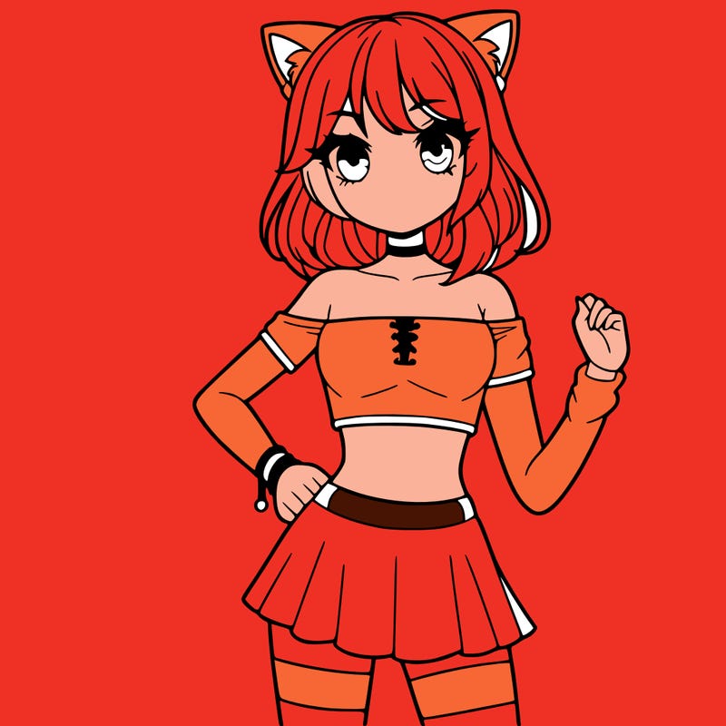 girl with crop top and a short skirt she also has medium hair with wolf bangs