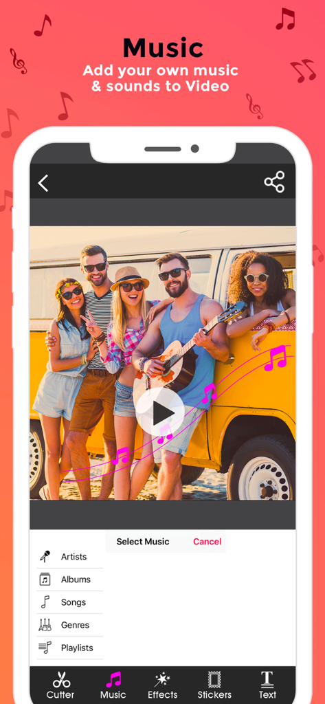 Clip Cutter - Video Editor App - Interface showing how to add background music and sounds to a video in Clip Cutter app