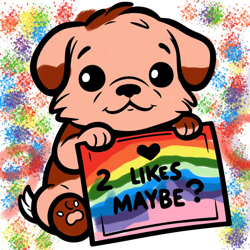 a puppy holding a sign that says 2 likes maybe?
