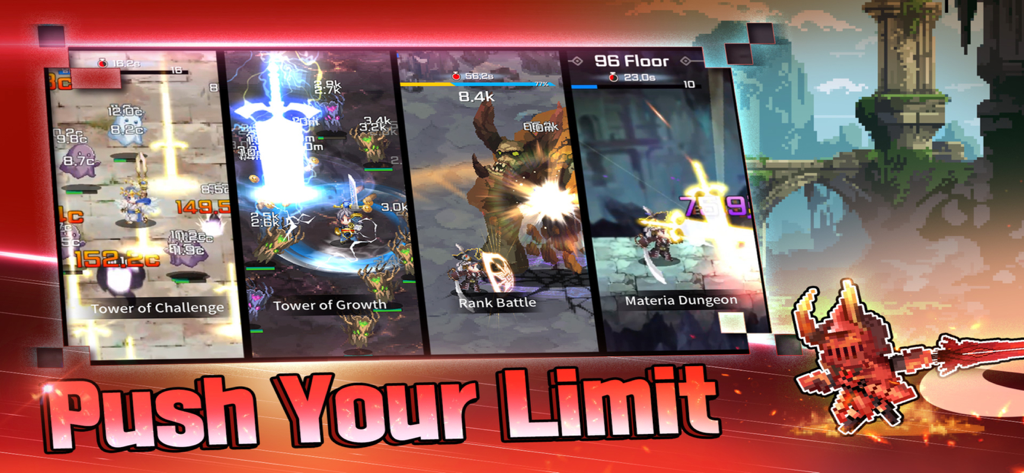 F Class Adventurer: AFK RPG - 「限界に挑戦」というテキストとともに、チャレンジの塔やランクバトルなどの様々なゲームモードのショーケース