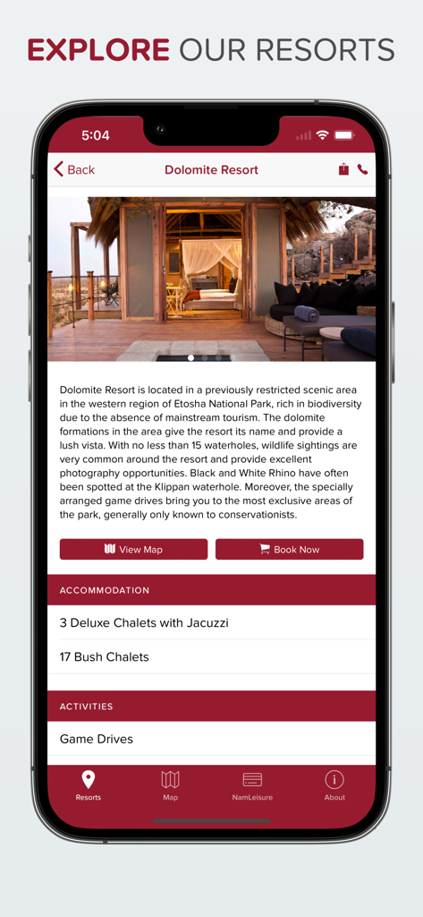 Namibia Wildlife Resorts app showing the Dolomite Resort page with luxury accommodation and game drive information