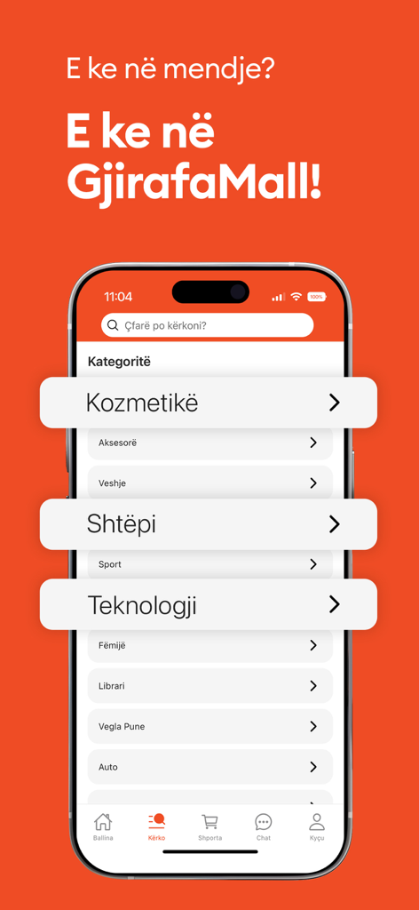 GjirafaMall - Smartphone che visualizza l'app GjirafaMall con un elenco di categorie di shopping tra cui cosmetici, casa e tecnologia su sfondo arancione.