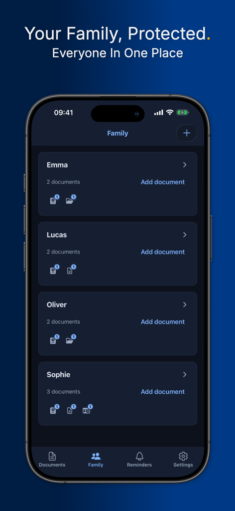 Uno schermo di smartphone che mostra l'interfaccia di gestione familiare dell'app Travel Document Vault con profili per più membri della famiglia e i loro documenti archiviati.