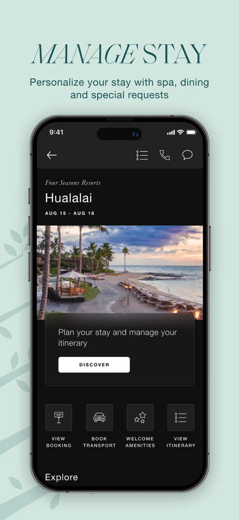 Four Seasons - Interface do aplicativo Four Seasons para gerenciar uma estadia em hotel de luxo com opções para visualizar reservas e reservar transporte