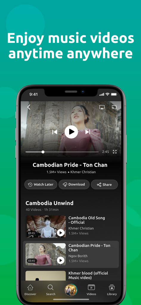 Smartphone screen showing the Pleng app music video player featuring a song called Cambodian Pride.