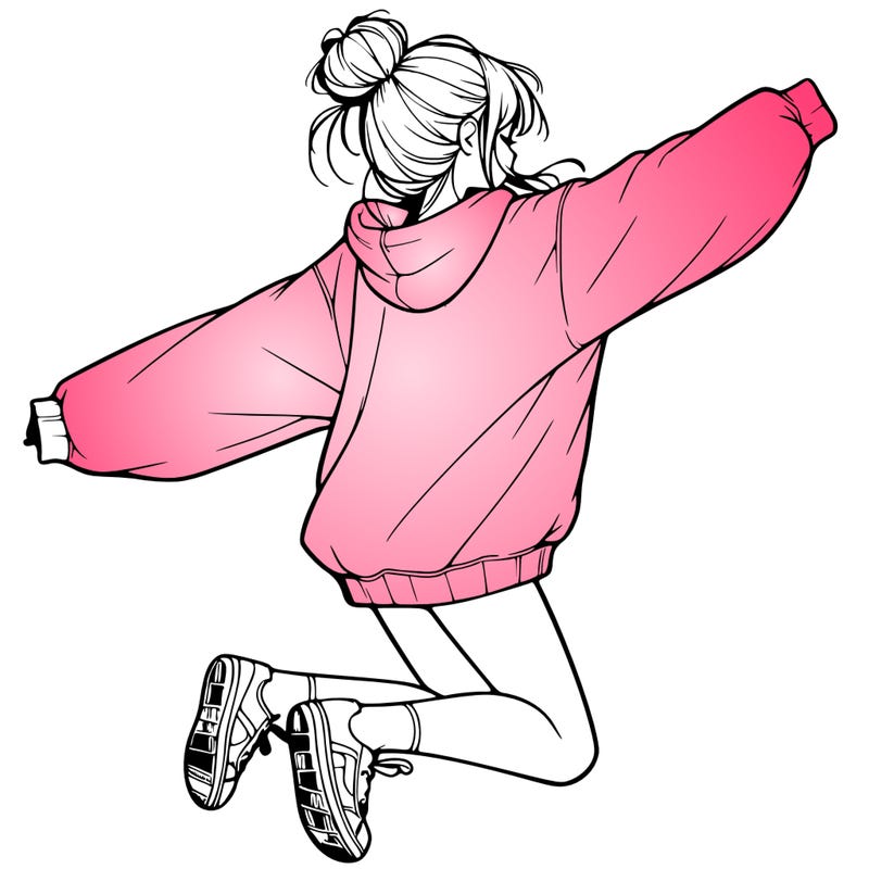 realistic girl jumping with a bun and oversized sweatshirt
