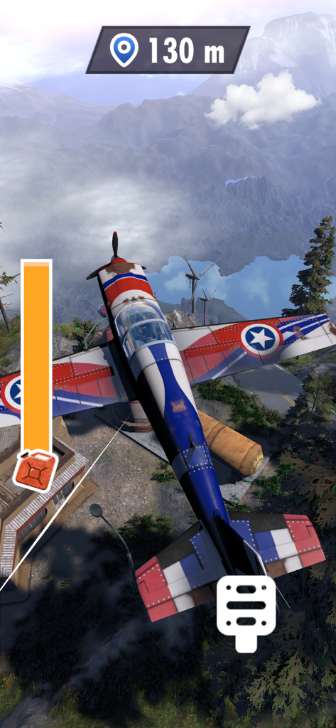 Stunt plane flying over a mountainous landscape with a distance tracker and fuel bar displayed on screen