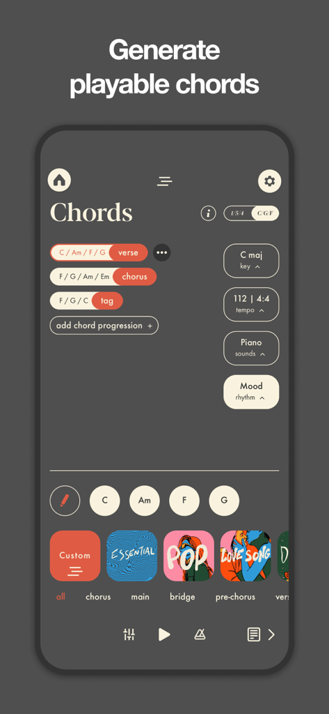 Mobile app screen for generating and organizing playable musical chords for verse and chorus sections