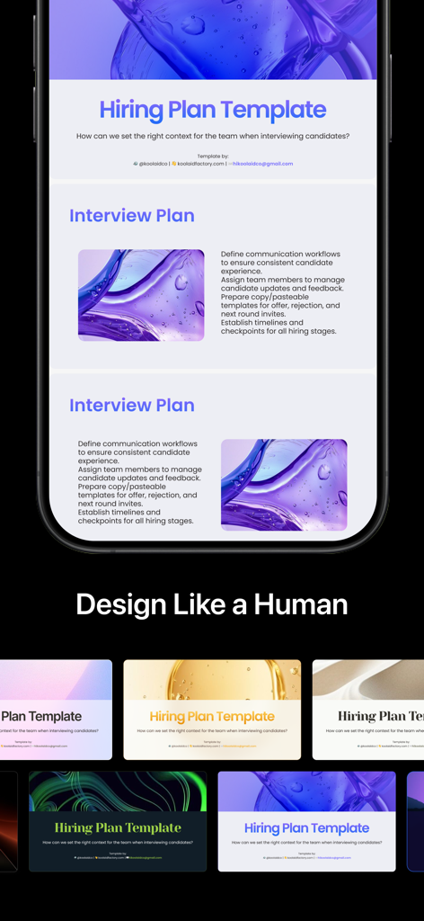 PopAi: AI Chat&Homework Helper - A mobile interface displaying various AI-generated presentation templates for a hiring plan in the PopAi app