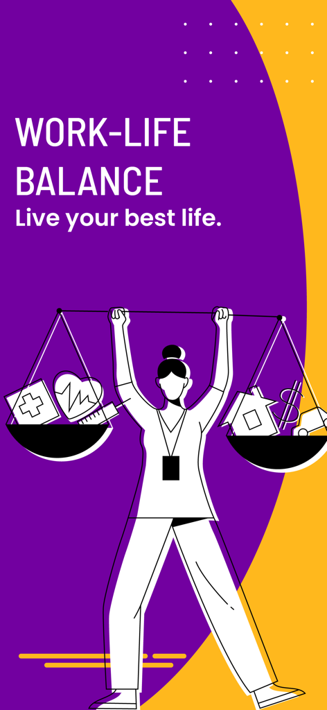 ShiftMed - Nursing Jobs App - 한쪽에는 의료 아이콘, 다른 쪽에는 가정생활 아이콘이 있는 저울을 균형 있게 맞추고 있는 의료 전문가의 삽화로 일과 삶의 균형을 증진합니다.