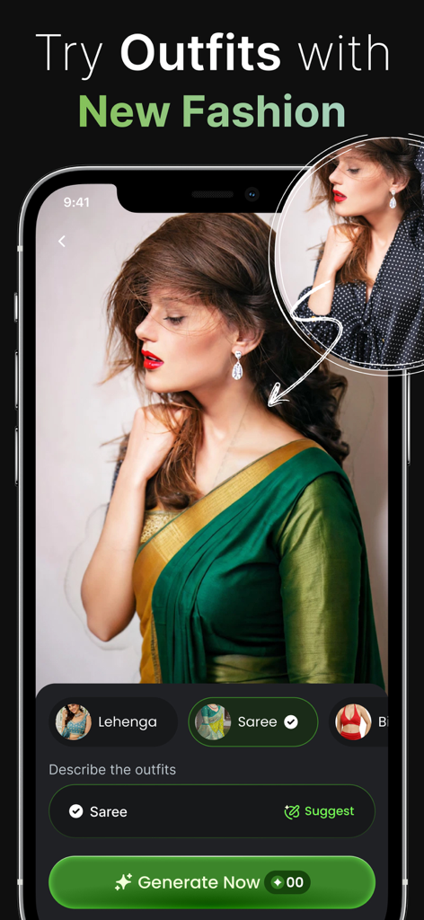 Figurine 3D - Action Figure AI - An AI-powered app interface for trying on different fashion outfits like a green saree on a photo