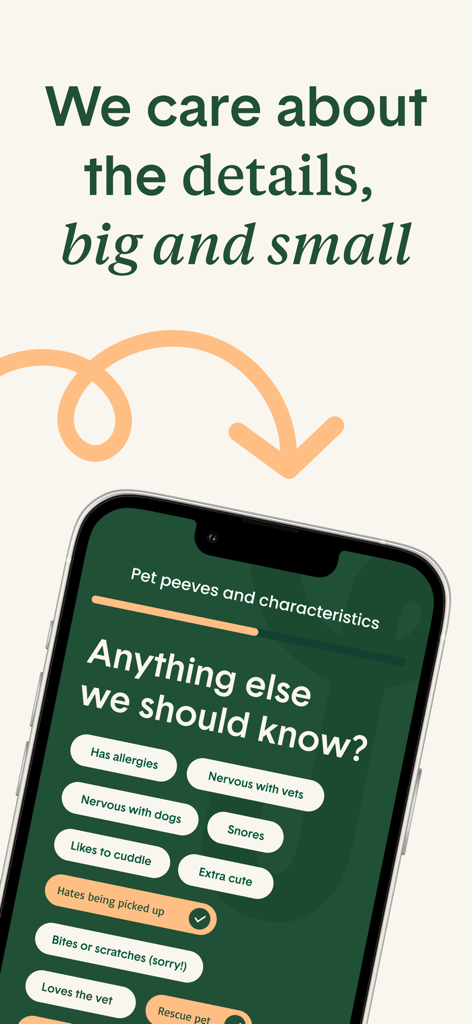 Juno Vet - A mobile screen showing various selectable tags for pet personality and needs like allergies, nervousness, and behavioral traits