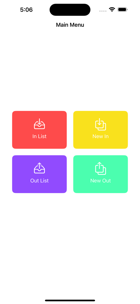 Menú principal de la aplicación TrackingScan mostrando botones coloridos para la gestión del inventario de paquetes