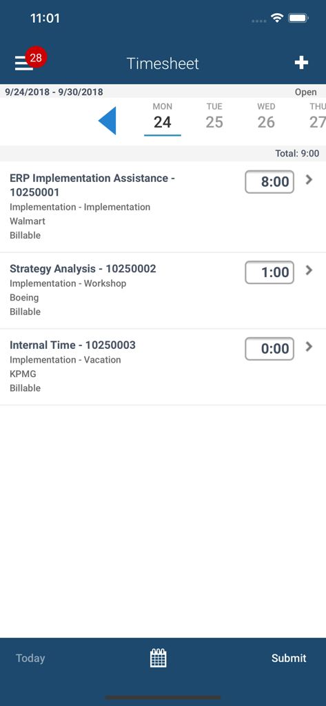 Deltek Touch for Maconomy mobile app interface showing a daily timesheet with billable hours for project tasks.