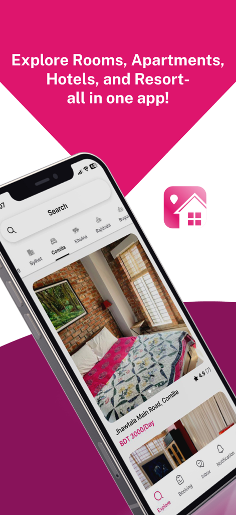 Travela - Travela app interface showing a room listing in Comilla with a pink and white promotional background