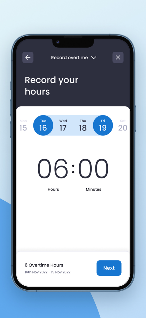 Mobile app interface showing a screen for recording overtime hours with a date picker and time selector.