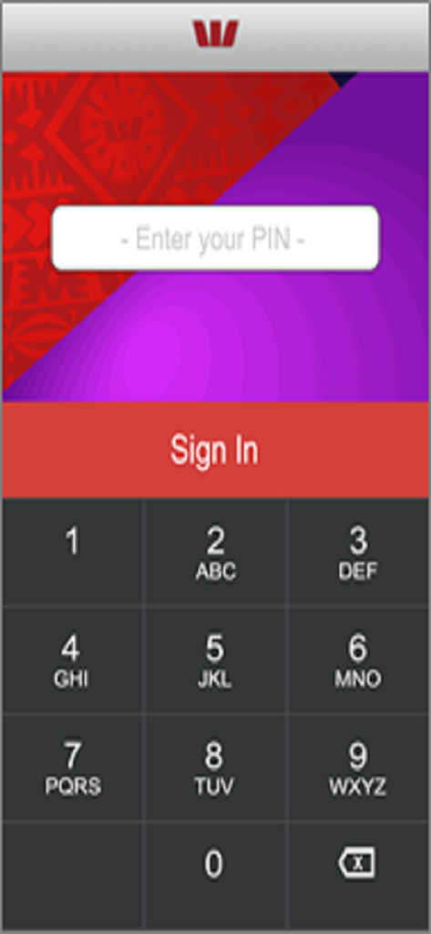 Login screen of the Westpac Fiji Mobile Banking app featuring a PIN entry field and numeric keypad
