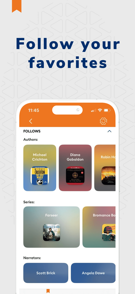 Audiobooks.com: Get audiobooks - Screenshot of the Audiobooks.com app showing the Follows screen with favorite authors, series, and narrators.