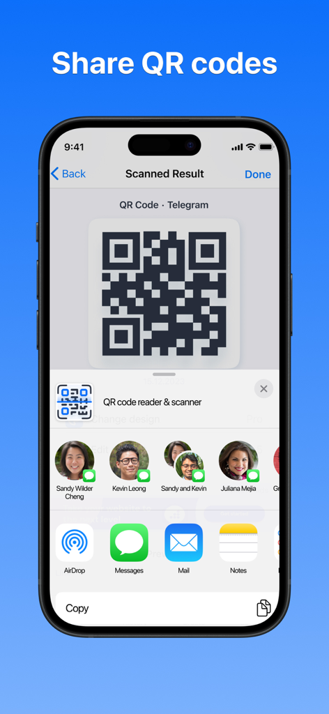 Interfaz de iPhone que muestra un código QR de Telegram siendo compartido a través de la hoja de compartir de iOS a contactos y aplicaciones sociales.