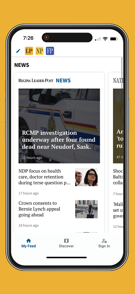 Leader-Post - Mobile interface of the Regina Leader-Post app showing local news headlines and a personalized feed.