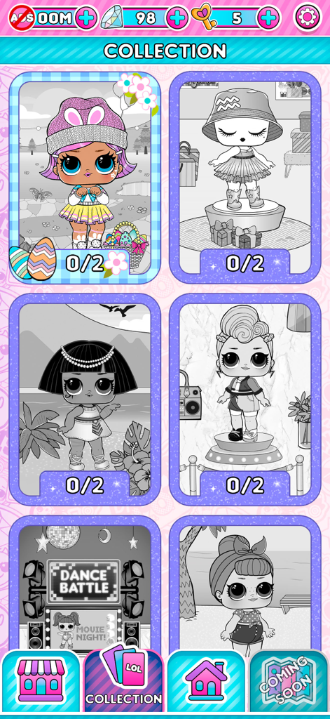 L.O.L. Surprise! Sticker Book - LOL Surprise Sticker Bookのコレクション画面。さまざまなドールステッカーページと進捗状況が表示されている