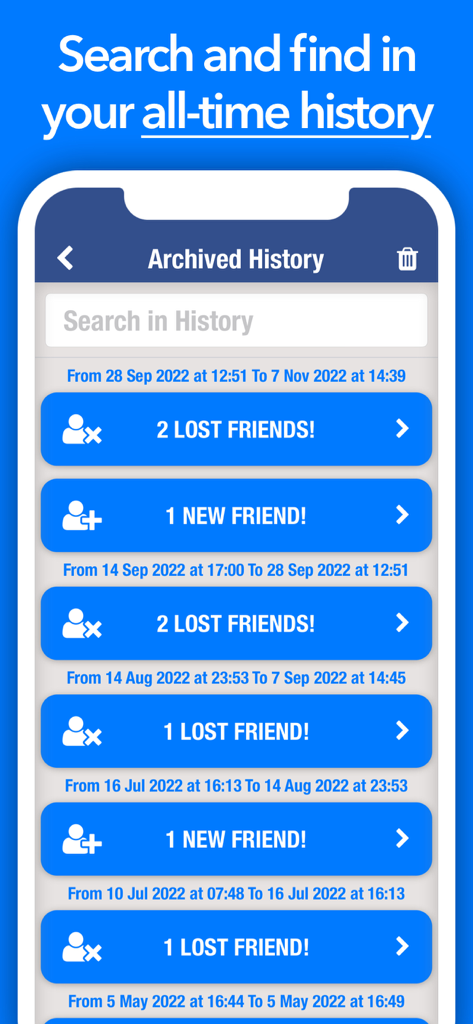 Archived history screen showing lists of lost and new Facebook friends with specific dates.