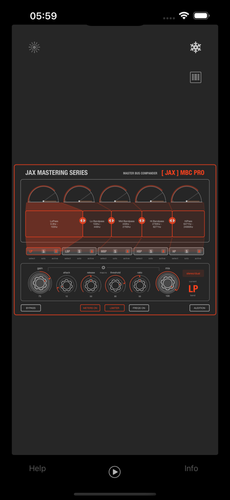 JAX MASTERING : MBC Pro - User interface of JAX MASTERING MBC Pro showing multiband compression controls and frequency bands