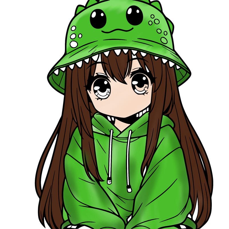 girl with anime shaped eyes with a dinosaur bucket hat oversized sweatshirt long straight hair