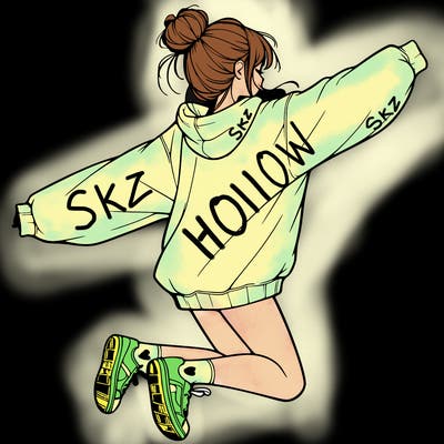 realistic girl jumping with a bun and oversized sweatshirt