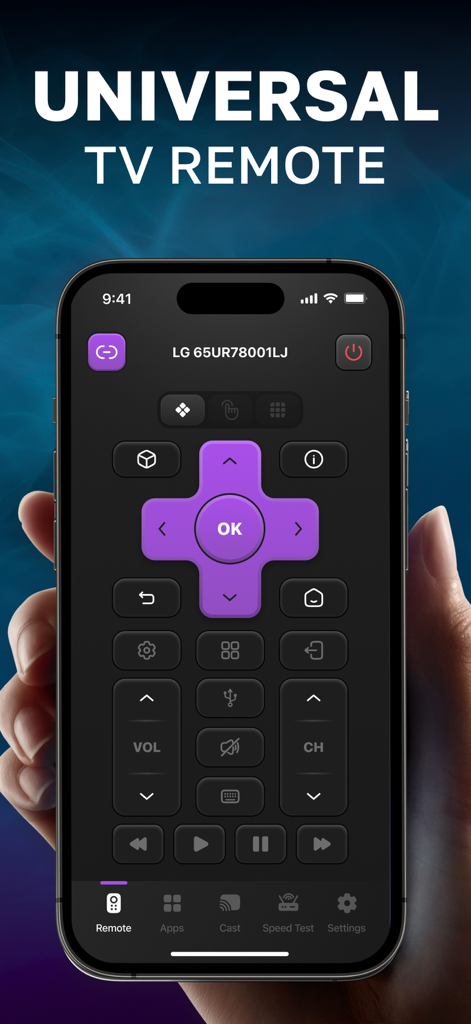 Universal TV Remote Control 。 - Una mano sosteniendo un iPhone que muestra la interfaz de la aplicación Control Remoto Universal para TV con un d-pad de navegación morado