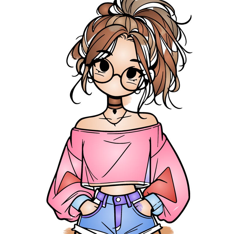 girl with a messy ponytail glasses a baggy crop top and jean shorts
