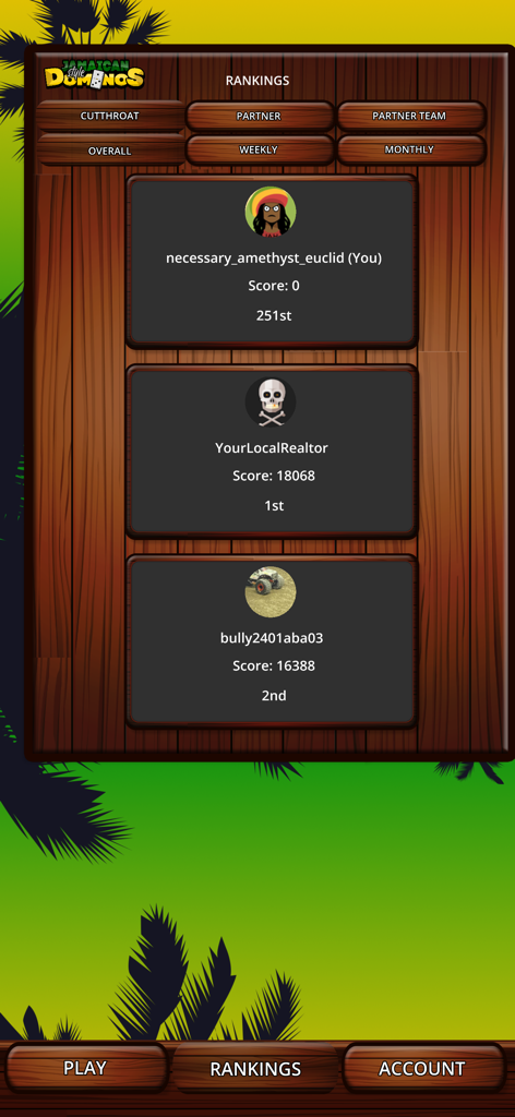 Jamaican Style Dominos Online - Leaderboard screen in the Jamaican Style Dominos Online app showing player rankings and scores for different game modes.