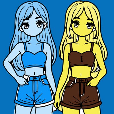 two sisters with crop tops and jean shorts and straight hair