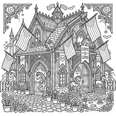 Step into a world where gothic elegance meets vibrant celebration with this stunning horse barn coloring page. Adorned with symbols of Pride, this intricate design offers a unique and meaningful coloring experience for all ages.