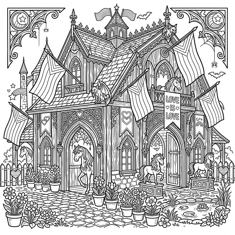 Step into a world where gothic elegance meets vibrant celebration with this stunning horse barn coloring page. Adorned with symbols of Pride, this intricate design offers a unique and meaningful coloring experience for all ages.